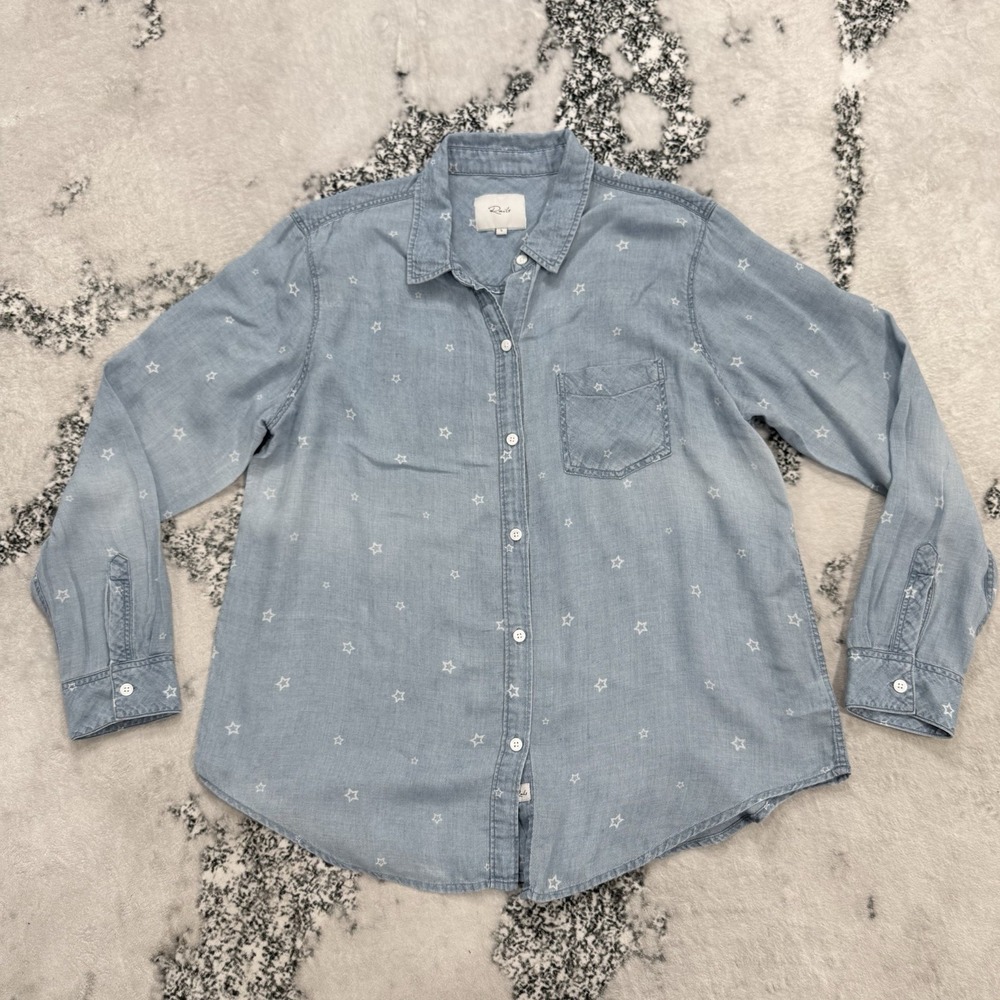Rails Womens Large Chambray Star Print Button Front Shirt Tencel Linen Blue Top